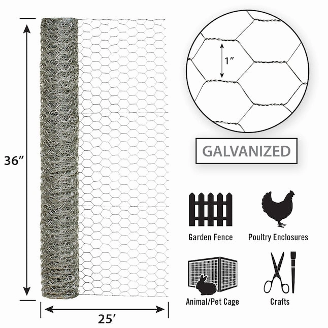 36in x 25ft Galvanized Chicken Wire with 1in Openings