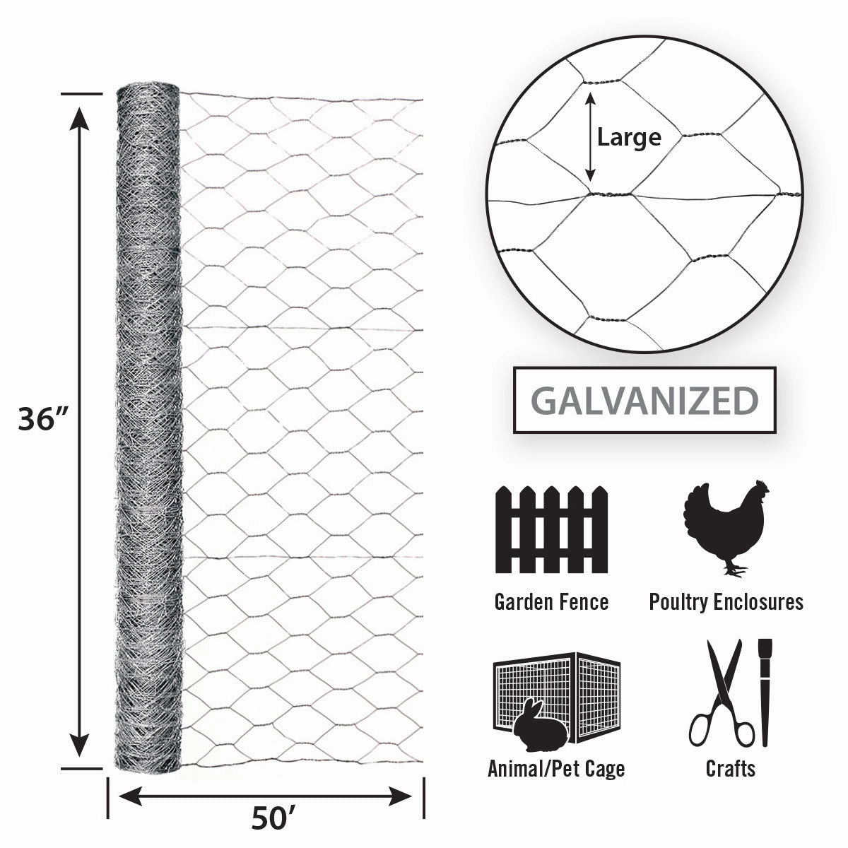 36in x 50ft Galvanized Chicken Wire with 2in Openings