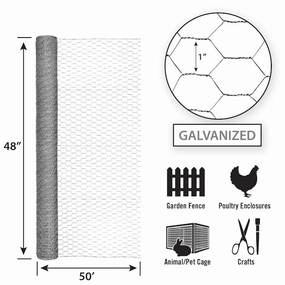 48in x 50ft Galvanized Chicken Wire with 1in Openings
