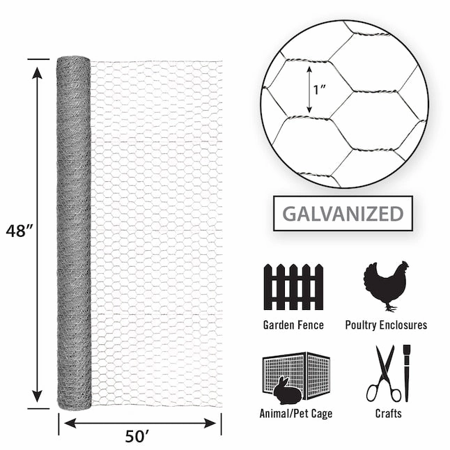 48in x 50ft Galvanized Chicken Wire with 1in Openings