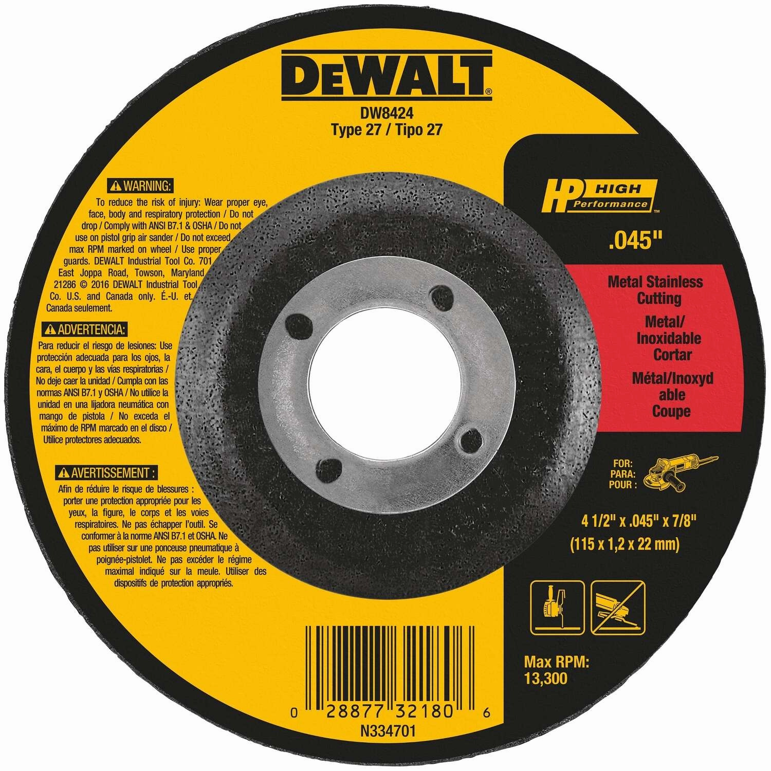 4-1/2 IN. X .045 IN. X 7/8 IN. HP Aluminum Oxide Cut-Off Wheel Type 27
