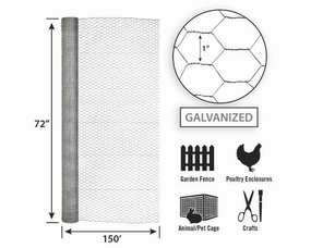 72in x 150ft Galvanized Chicken Wire with 1in Openings
