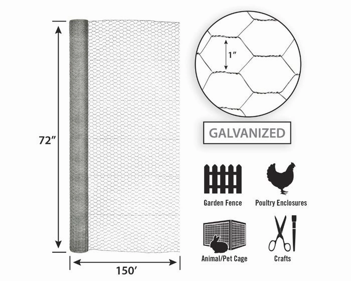 72in x 150ft Galvanized Chicken Wire with 1in Openings