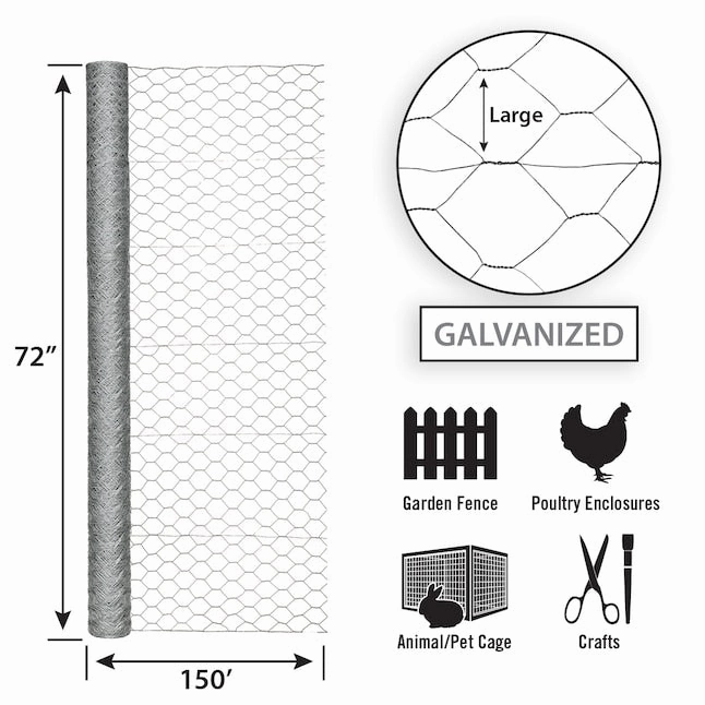 72in x 150ft Galvanized Chicken Wire with 2in Openings