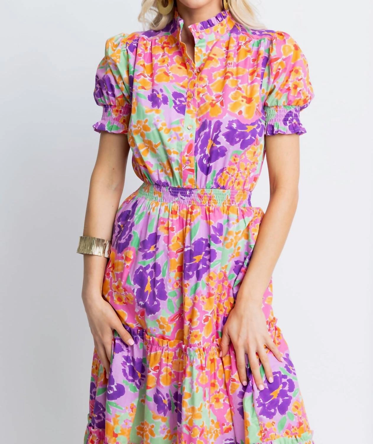 "garden Party" Floral Smock Waist Tier Maxi Dress In Orange