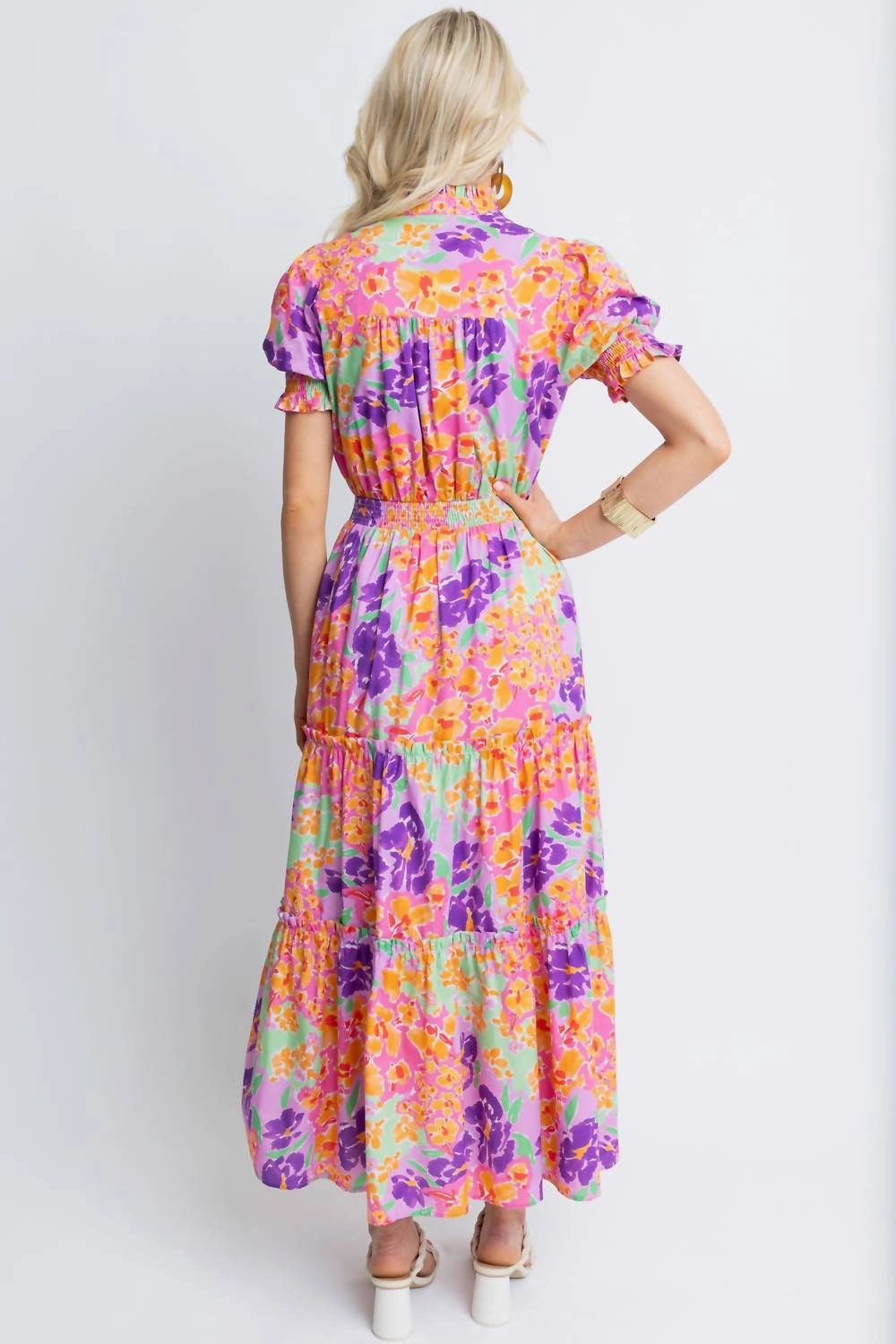 "garden Party" Floral Smock Waist Tier Maxi Dress In Orange