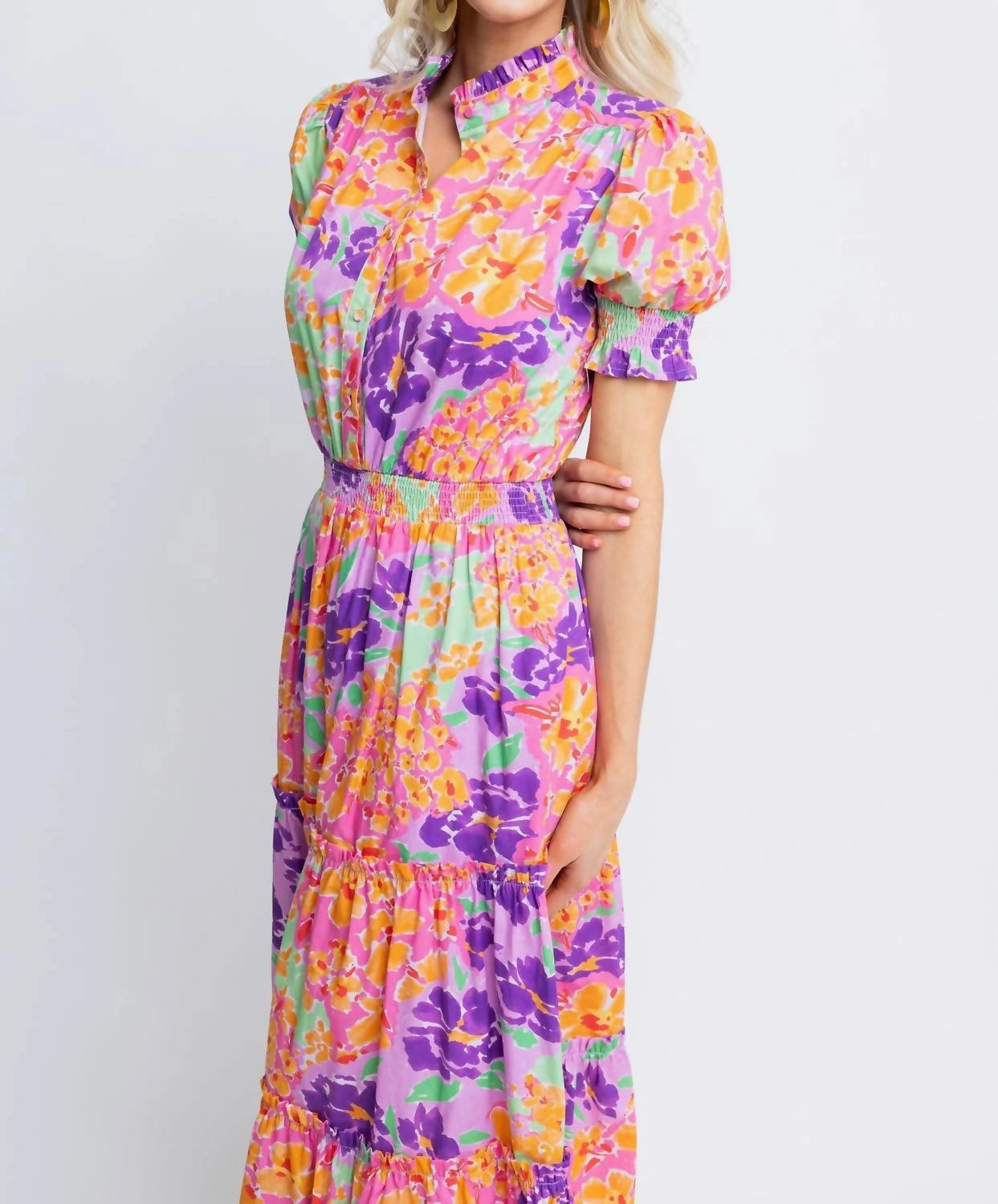 "garden Party" Floral Smock Waist Tier Maxi Dress In Orange