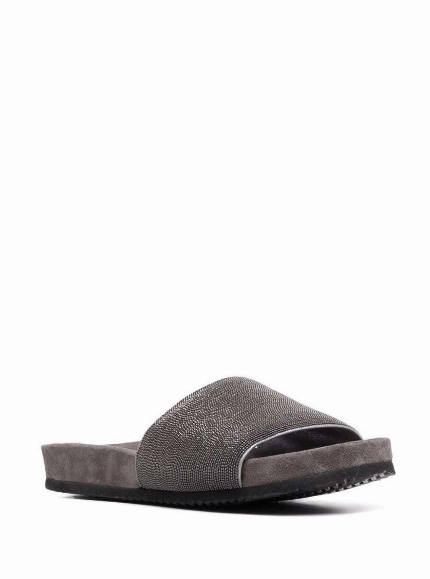 Grey Suede Slide Sandals With Monile Detail