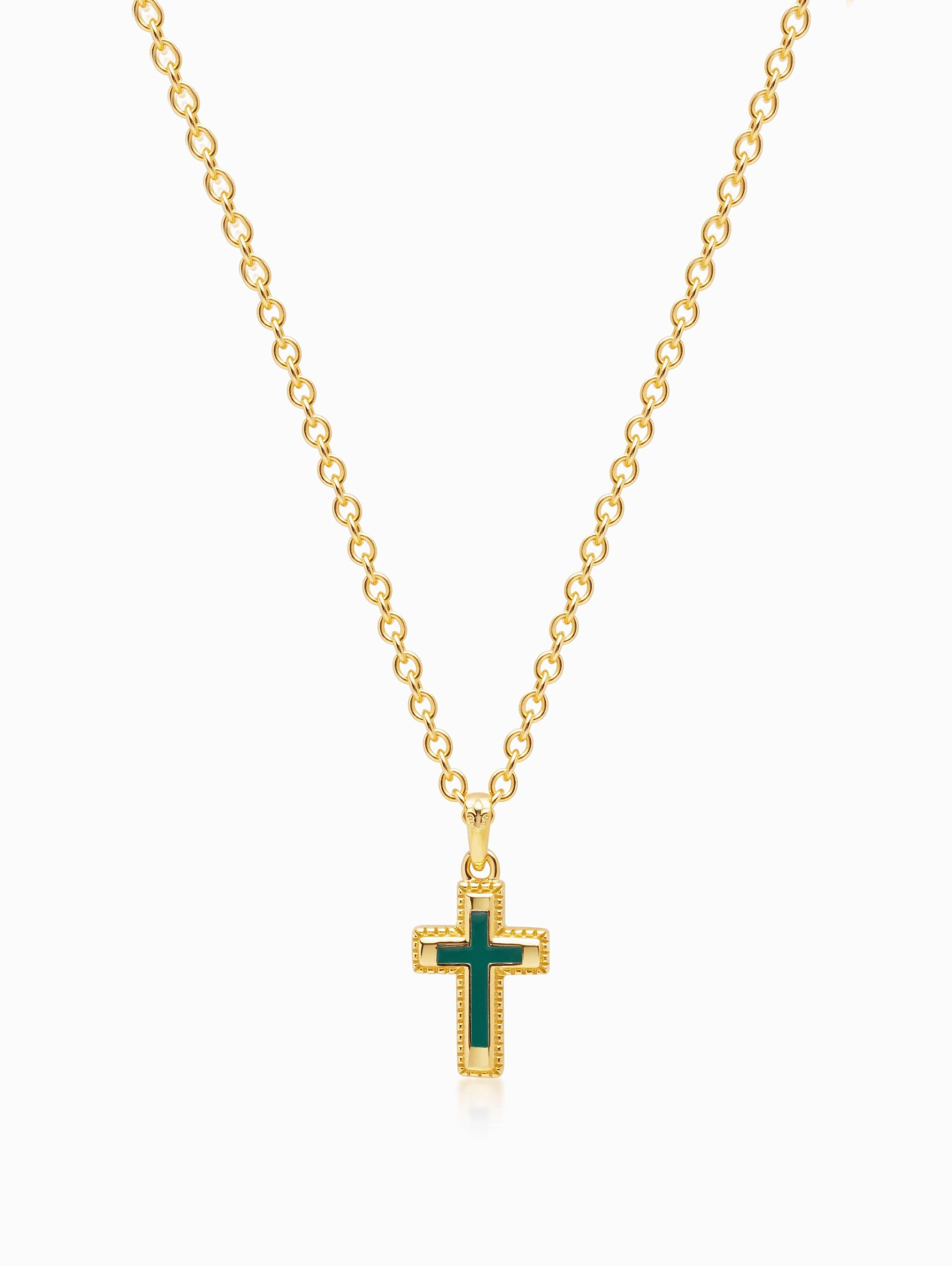 Men's Sterling Silver Gold Plated Mini Cross Necklace with Green Enamel
