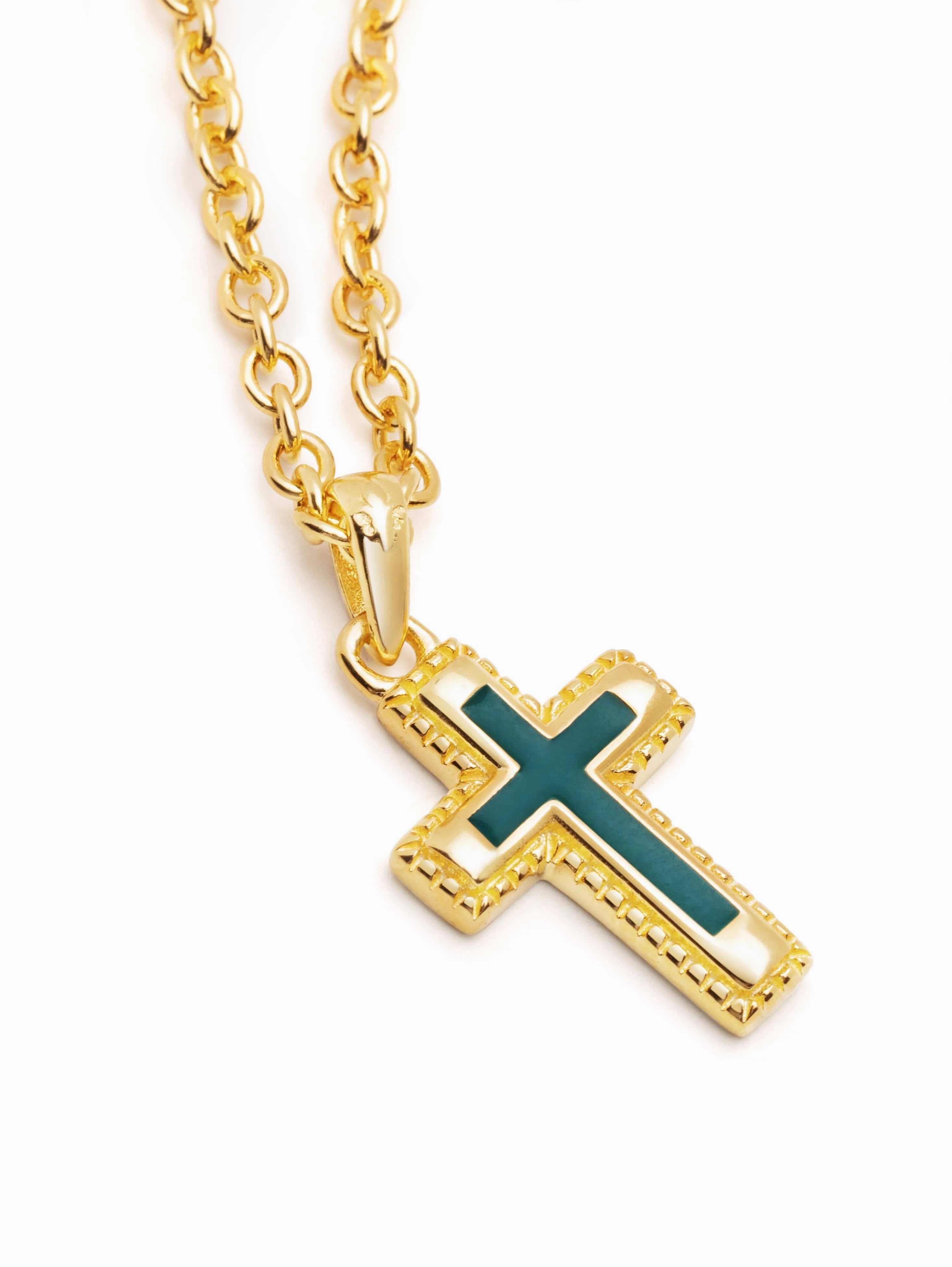 Men's Sterling Silver Gold Plated Mini Cross Necklace with Green Enamel