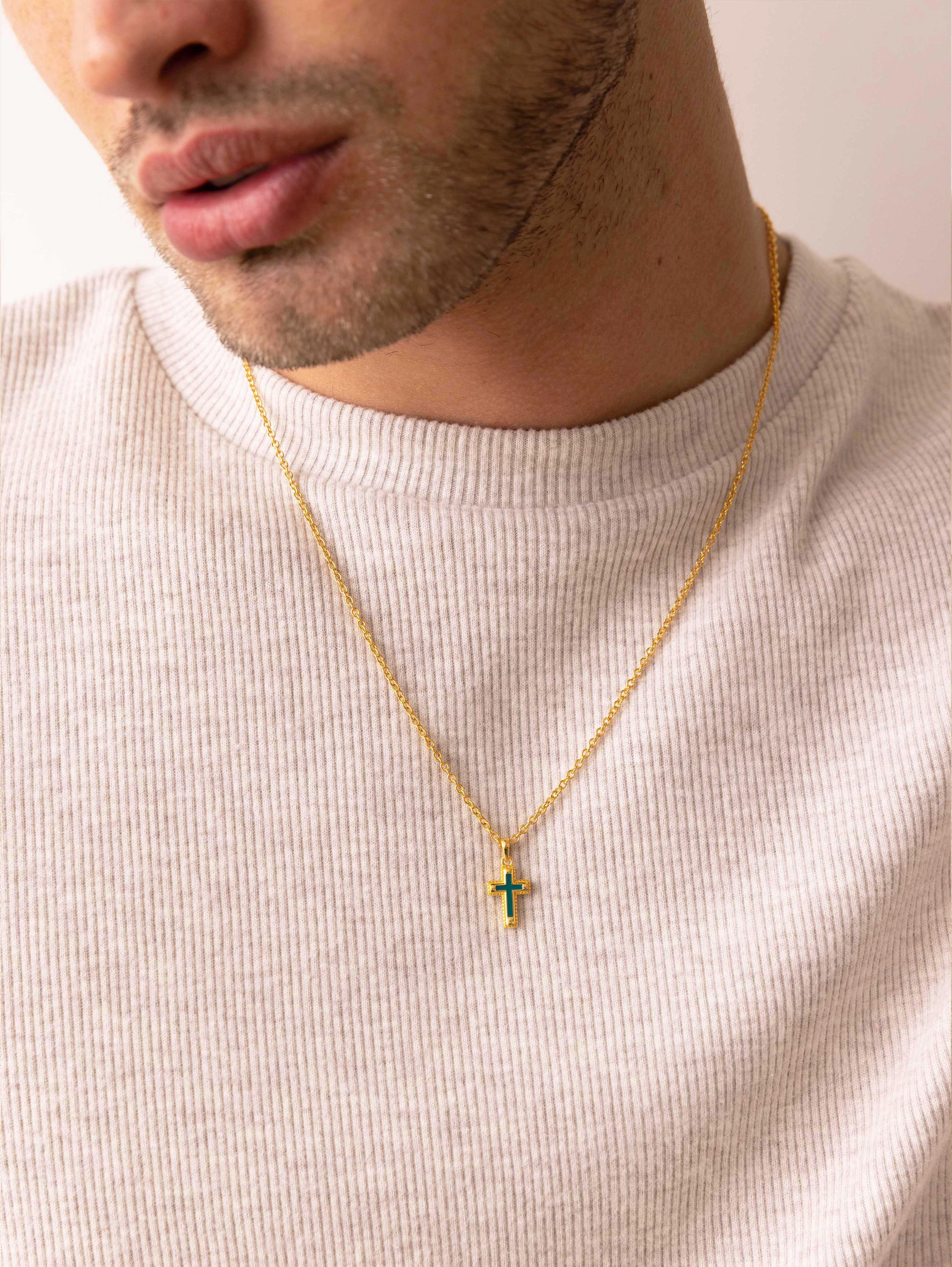Men's Sterling Silver Gold Plated Mini Cross Necklace with Green Enamel
